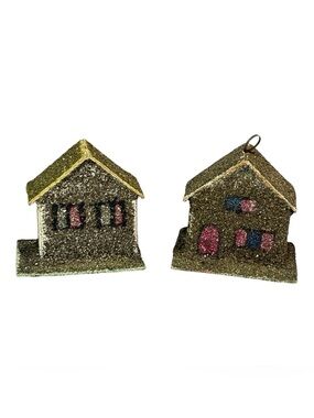 2 Vtg 2" Miniature Putz Houses Christmas Ornaments Cardboard Mica West Germany